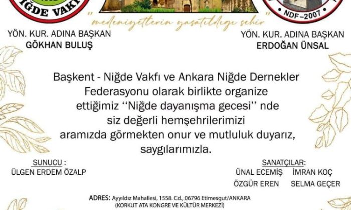 Ankara’da Niğde Dayanışma Gecesi düzenlenecek