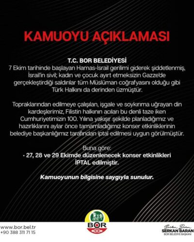 Bor Belediyesi Cumhuriyetin 100. Yılı konserlerini iptal etti